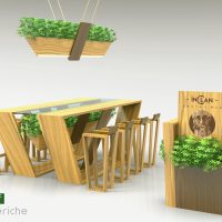 3D mobiliario e iluminación con vegetación natural integrada INCLAN BRUTAL bar-restaurante Madrid